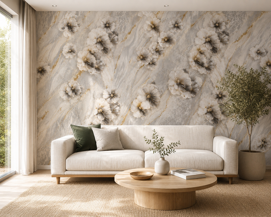 Grey Marble 3D Floral Bloom Wallpaper
