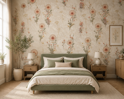 Peach Coral Dried Wildflower Wallpaper - room view