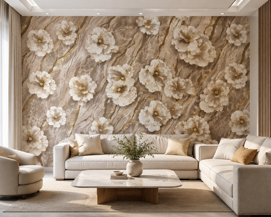 Taupe Marble 3D Floral Bloom Wallpaper