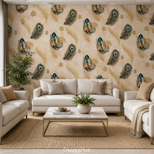 Peacock Feather Gold Motif Wallpaper