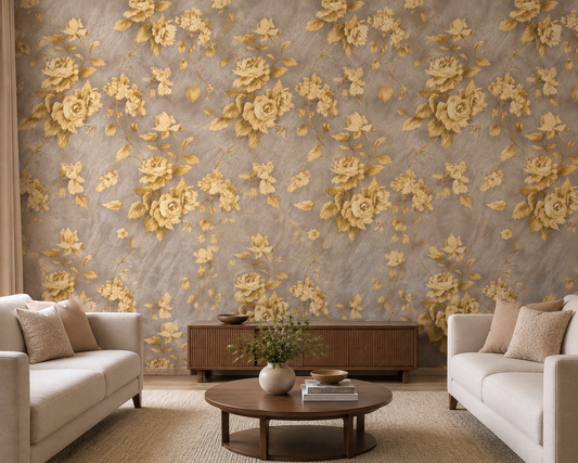 Golden Rose Bouquet Grey Wallpaper
