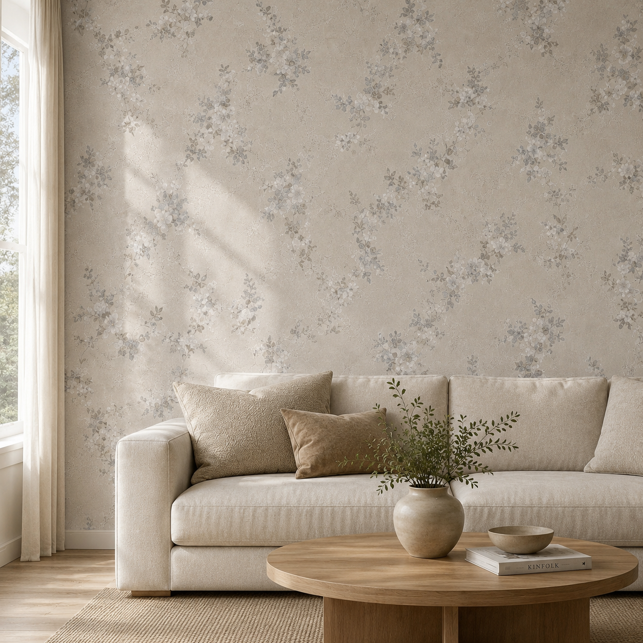 Ivory Grey Floral Sprig Wallpaper