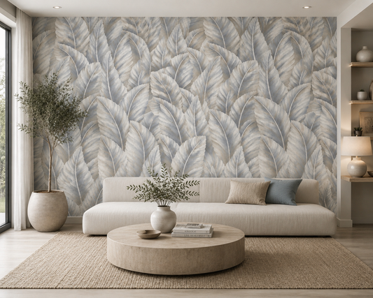 Muted Slate Feathered Leaf Wallpaper 1