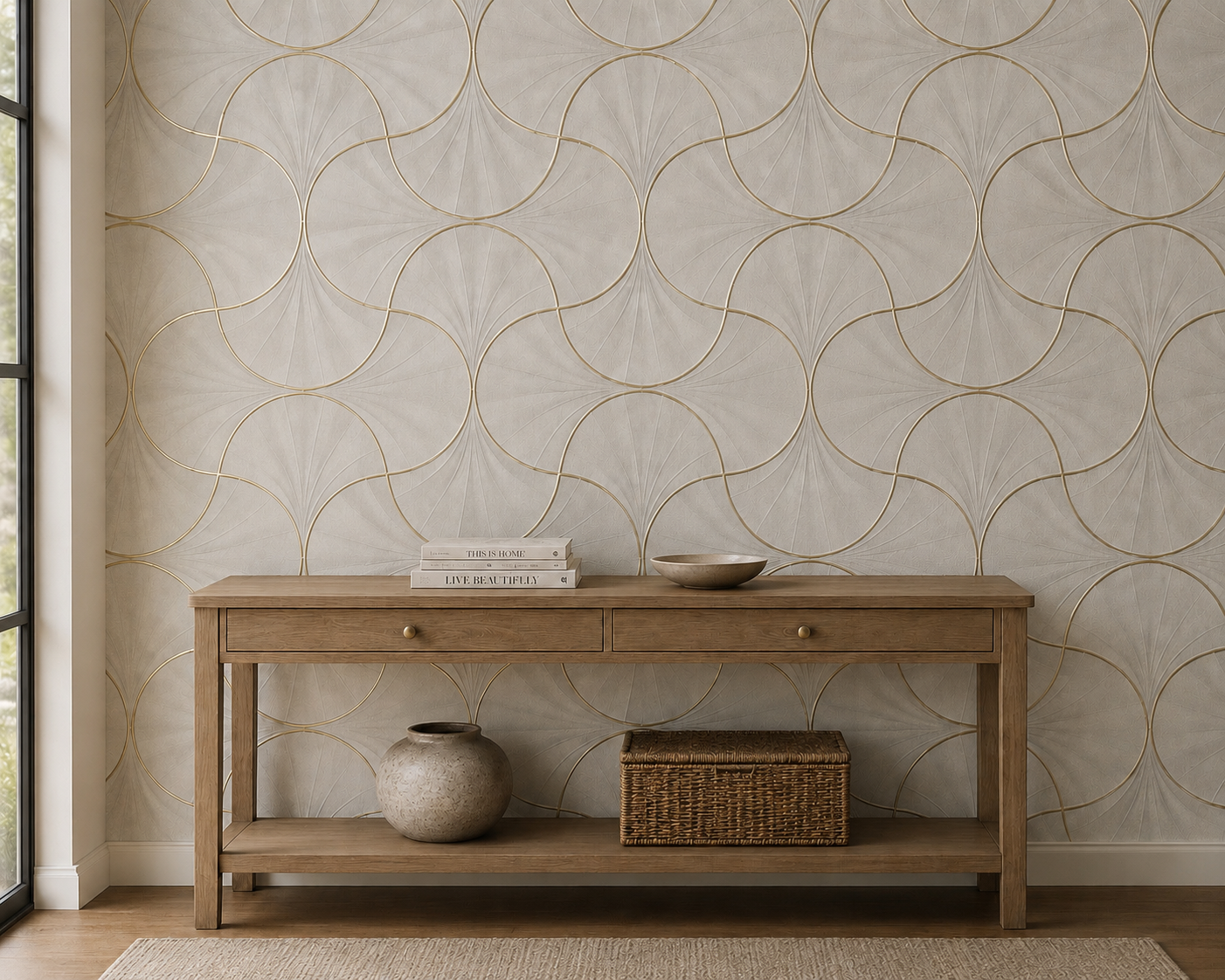 Taupe Gold Ogee Trellis Wallpaper
