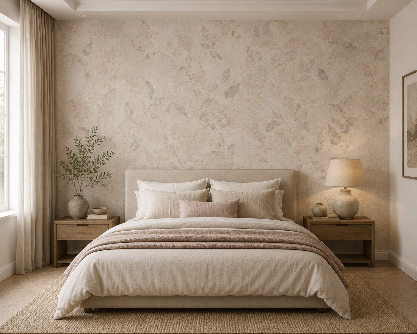Dusty Taupe Leaf Branch Wallpaper - room view
