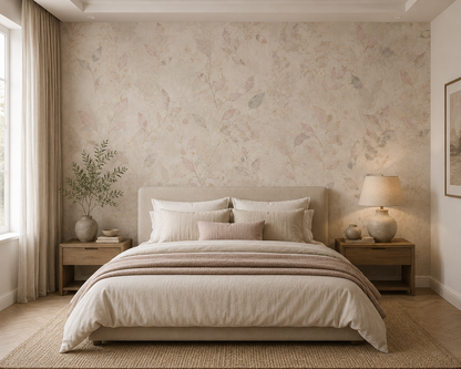 Dusty Taupe Leaf Branch Wallpaper - room view