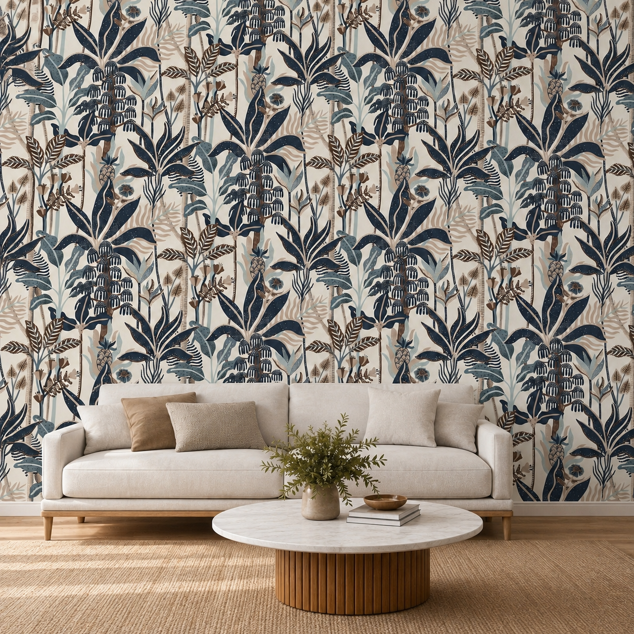 Navy Blue Tropical Palm Botanical Wallpaper