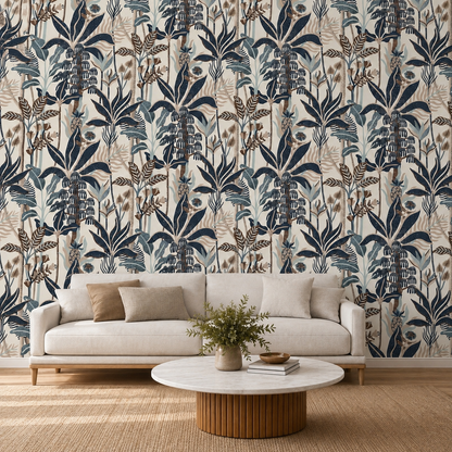 Navy Blue Tropical Palm Botanical Wallpaper