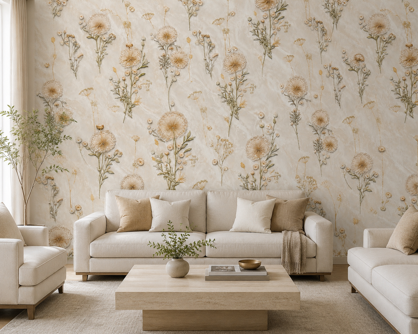 Ivory Dried Dandelion Wildflower Wallpaper - room view