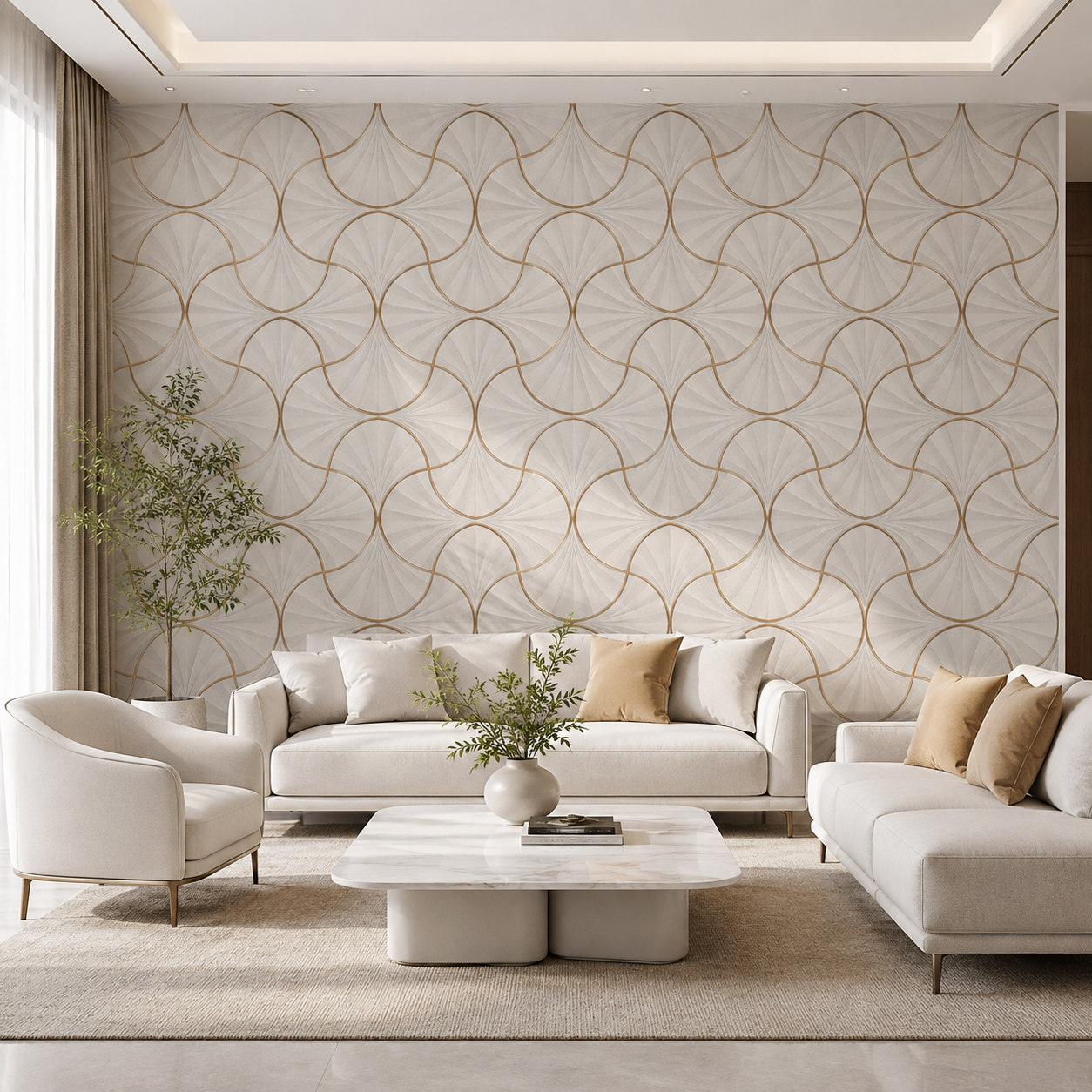Ivory Gold Ogee Fan Wallpaper - detail