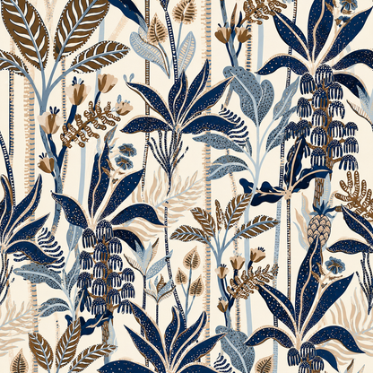 Navy Blue Tropical Palm Botanical Wallpaper - detail