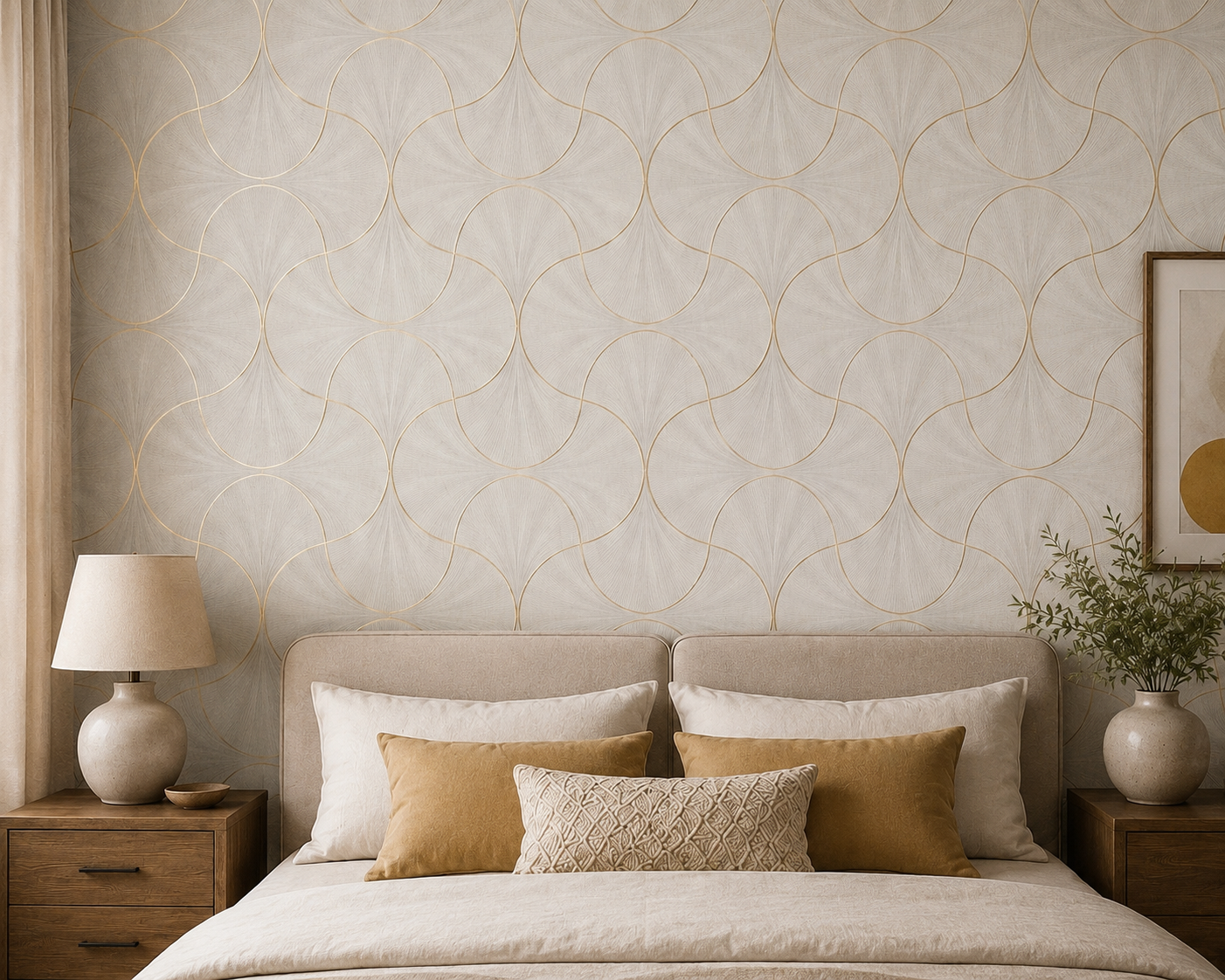 Taupe Gold Ogee Trellis Wallpaper - detail