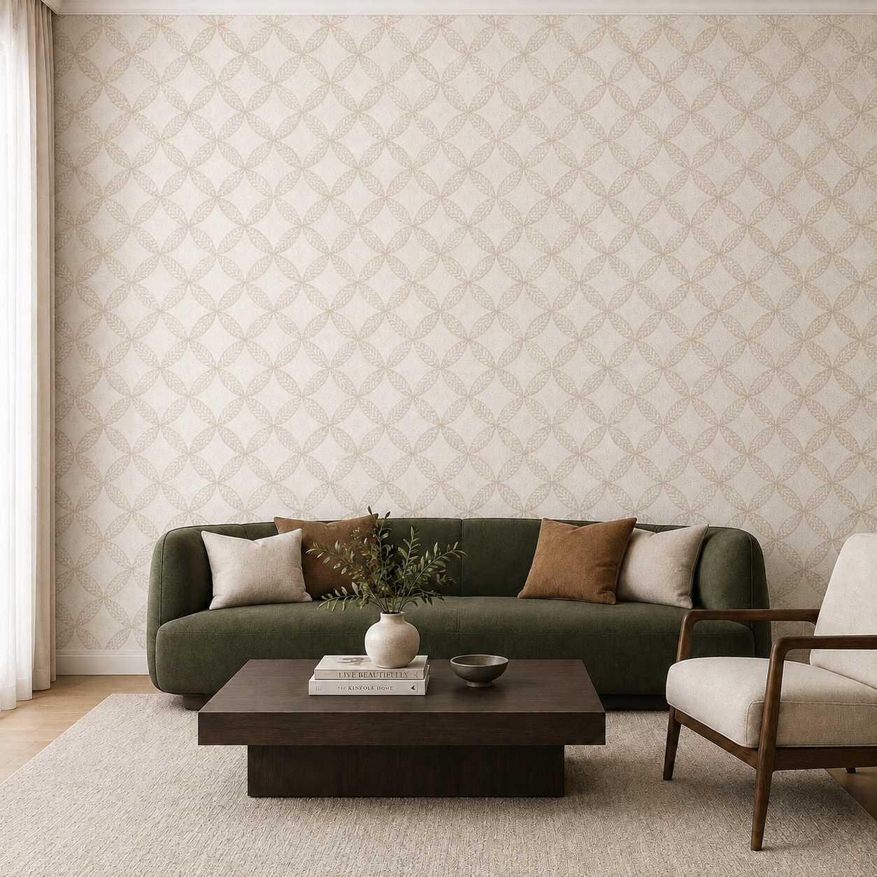 Cream Ogee Leaf Trellis Wallpaper 1