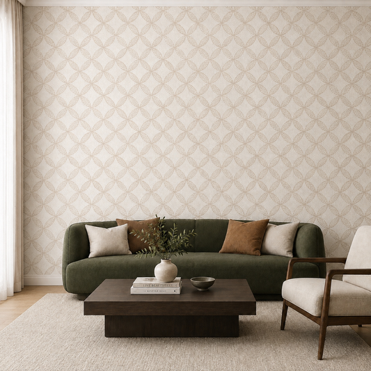 Cream Ogee Leaf Trellis Wallpaper 1