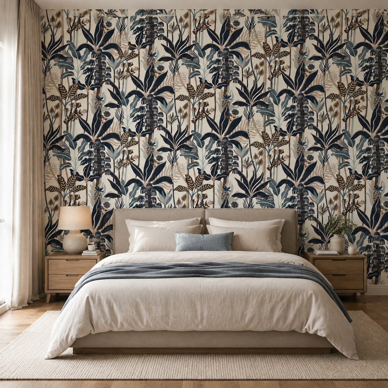 Navy Blue Tropical Palm Botanical Wallpaper - room view