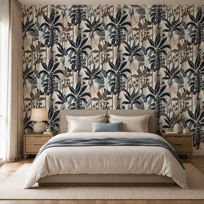 Navy Blue Tropical Palm Botanical Wallpaper - room view