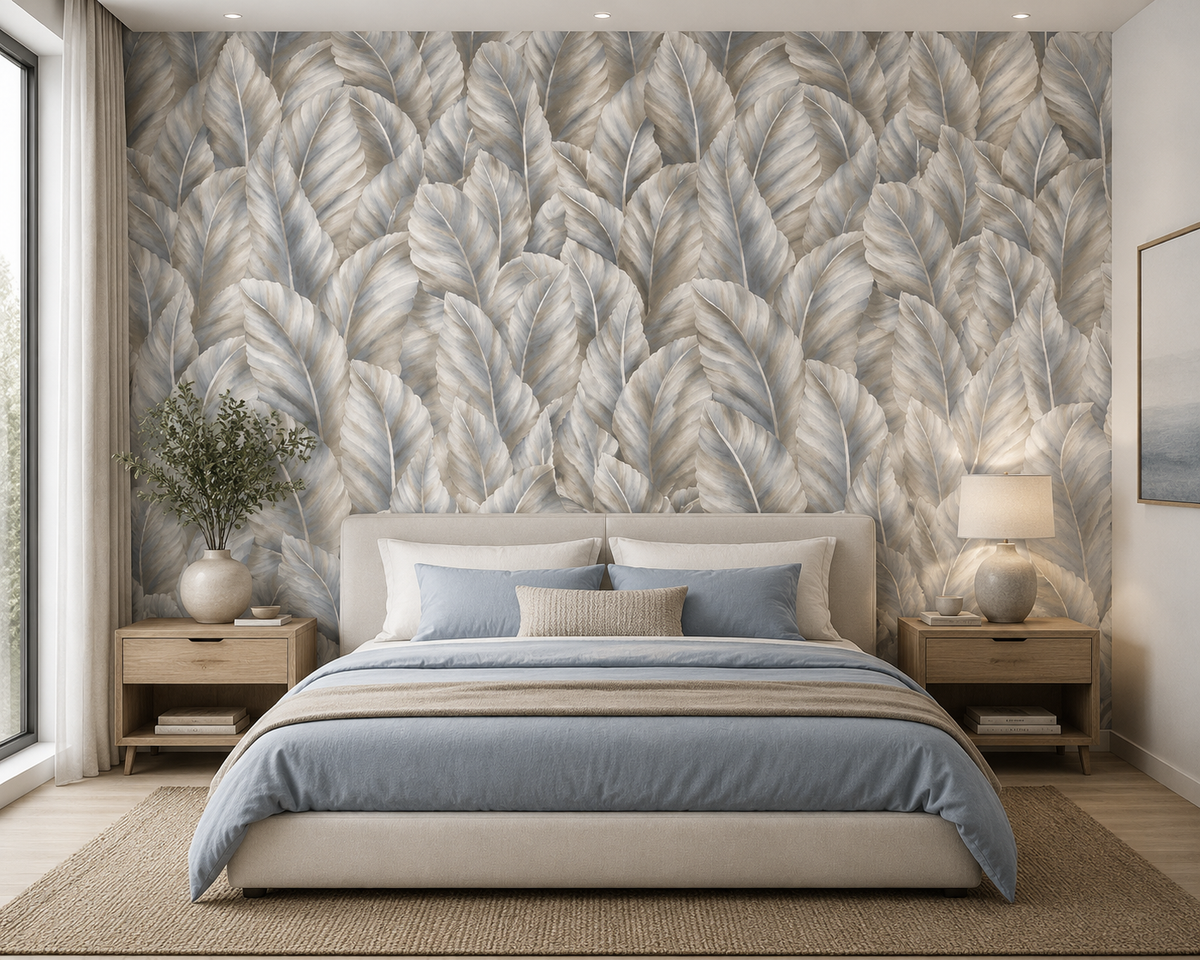 Muted Slate Feathered Leaf Wallpaper 2