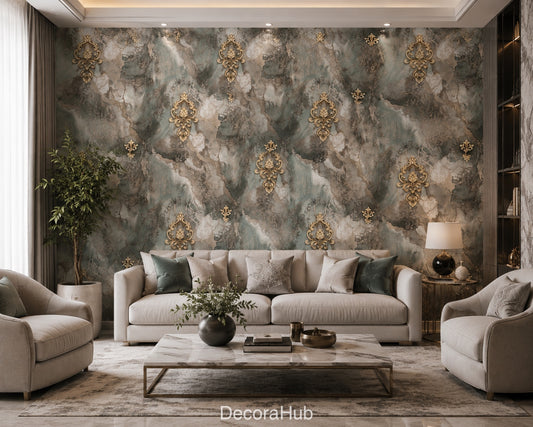 Emerald Marble Gold Baroque Wallpaper