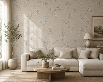 Ivory Grey Floral Sprig Wallpaper - room view