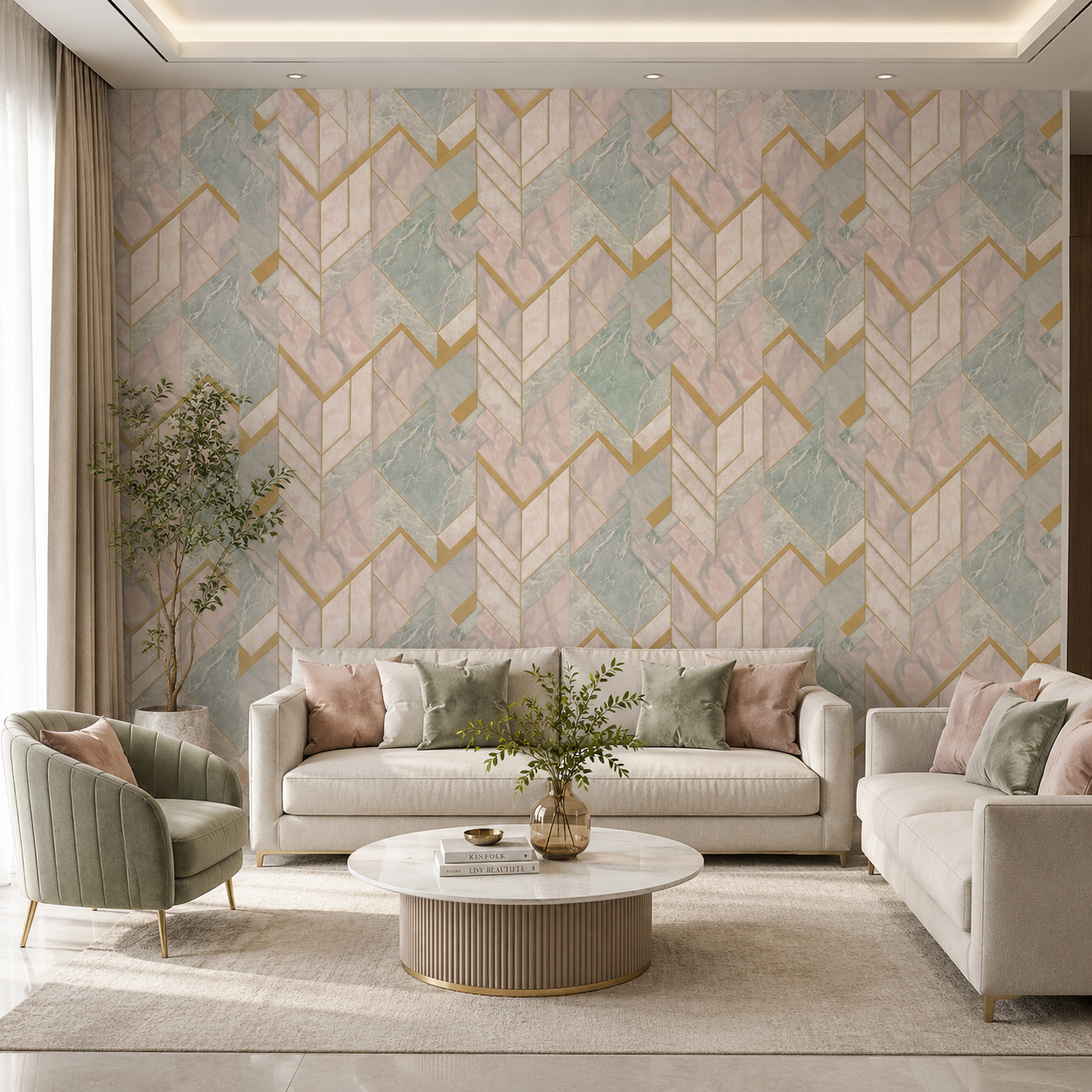 Pink Sage Marble Art Deco Chevron Wallpaper