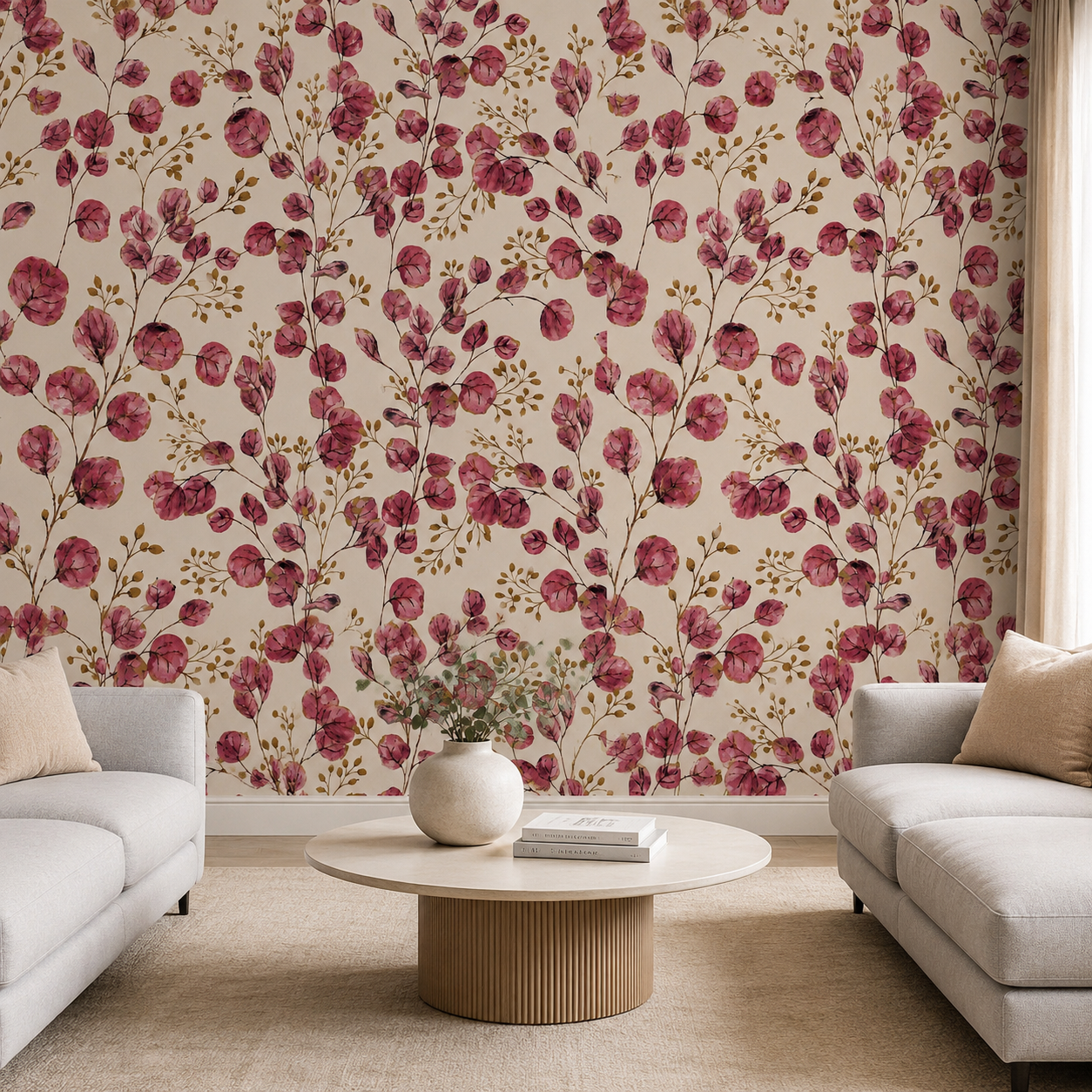 Berry Pink Eucalyptus Branch Wallpaper