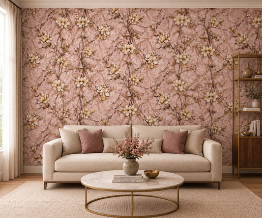 Blush Pink Magnolia Trellis Wallpaper