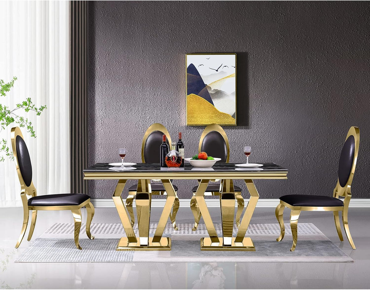 6 Seater Luxurious Marble Dining Table with gold base and black marble top