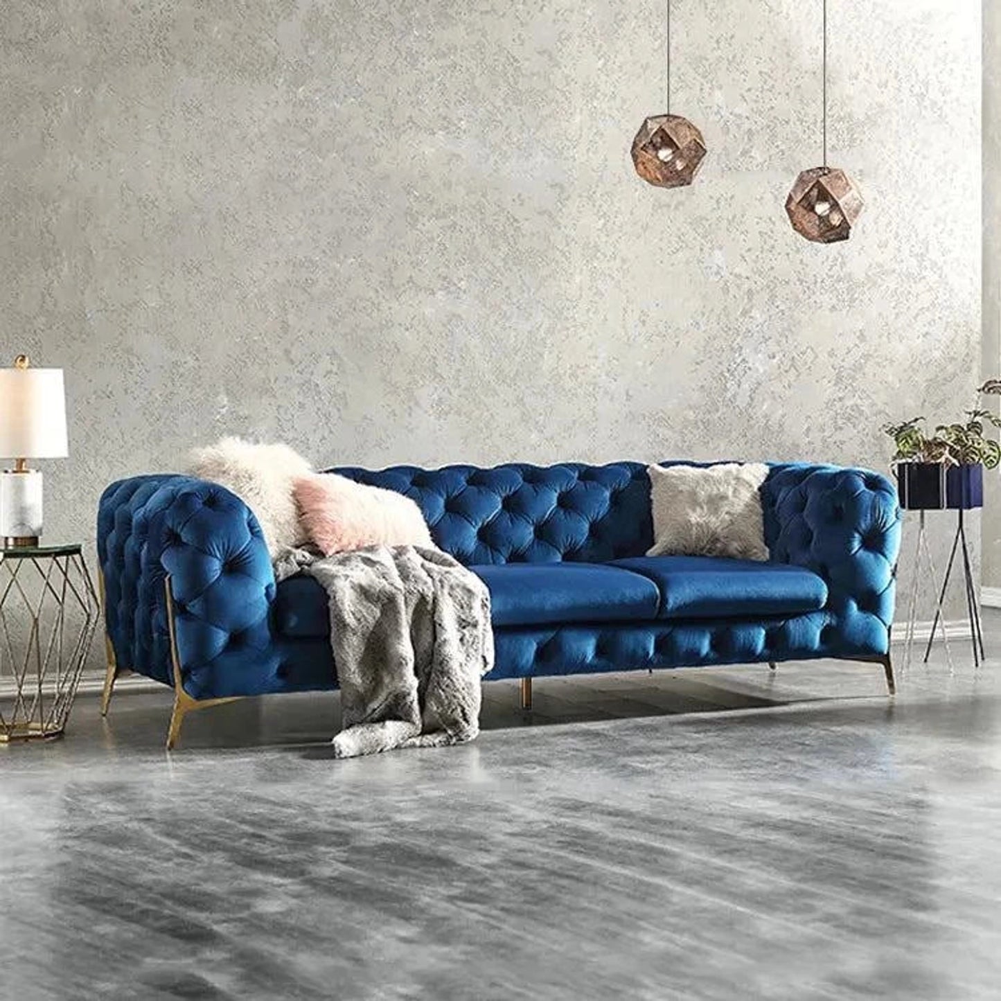 The 'Indigo Tuxedo': Three-Seater Luxury Button Tufted Leathaire Sofa for Living Room