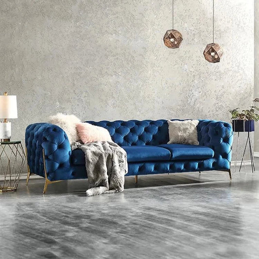 The 'Indigo Tuxedo': Three-Seater Luxury Button Tufted Leathaire Sofa for Living Room