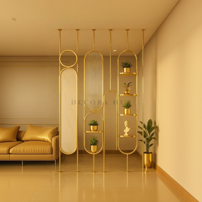 Gold Stainless Steel PVD Partition with Decorative Shelves – gold metal partition for living room DecoraHub