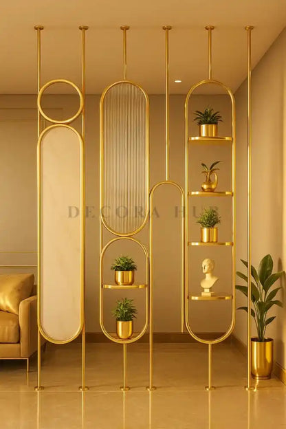 Gold PVD Partition with Decorative Shelves – gold metal partition room divider DecoraHub India