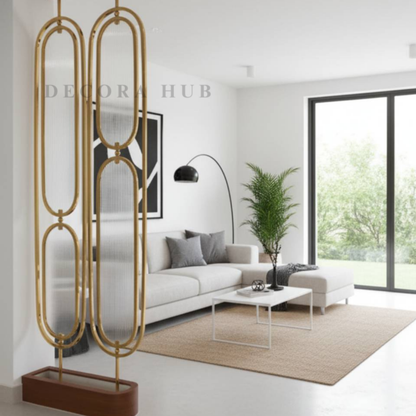 Golden Fluted Glass PVD Partition detail – gold metal pvd partition for living room DecoraHub India