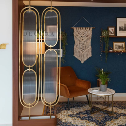Golden Fluted Glass PVD Partition angle view – gold metal partition room divider DecoraHub India