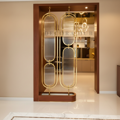 Golden Fluted Glass PVD Partition for Room – gold stainless steel metal partition for living room DecoraHub