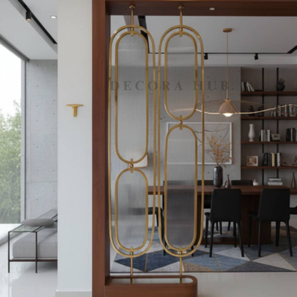 Golden Fluted Glass PVD Partition side view – gold stainless steel metal partition DecoraHub India