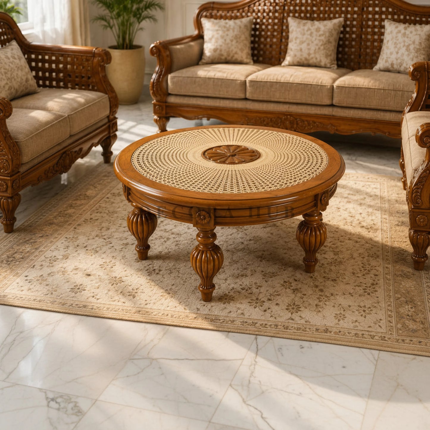 Wooden furniture set with a round table and chairs in a room.