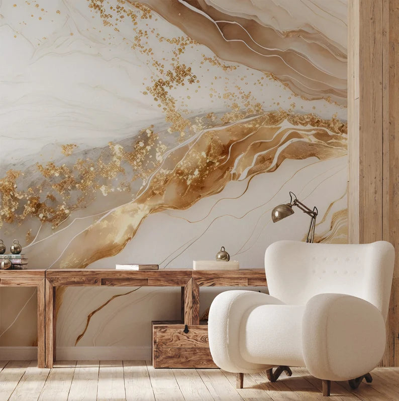 White and matte gold marble wallpaper