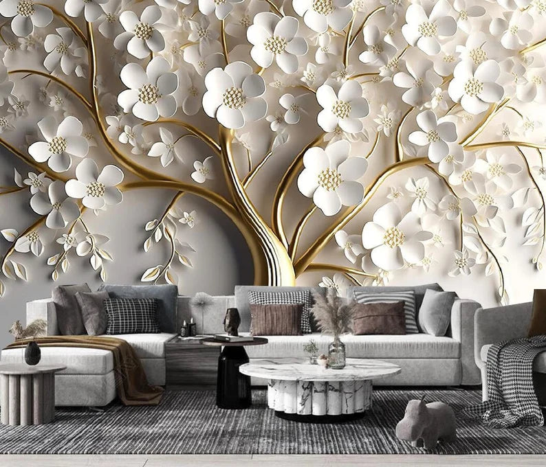 Golden Tree With White Flower 3D Wallpaper
