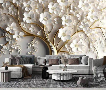 Golden Tree With White Flower 3D Wallpaper