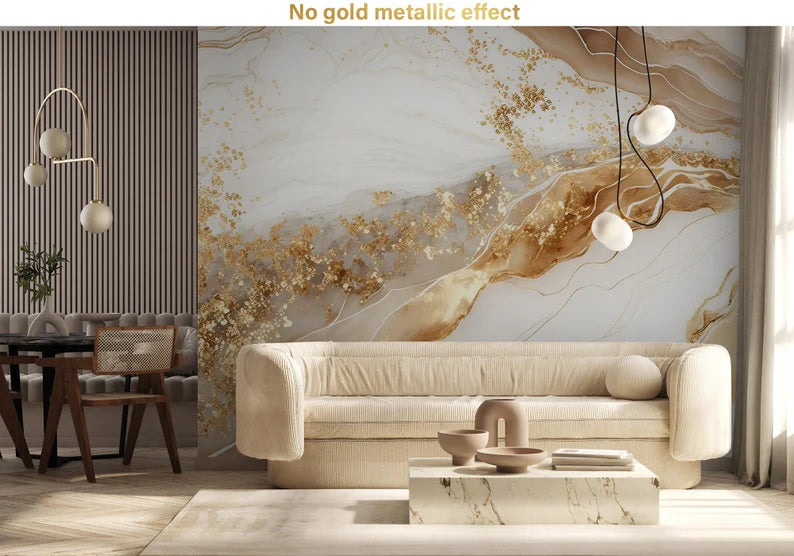 White and matte gold marble wallpaper