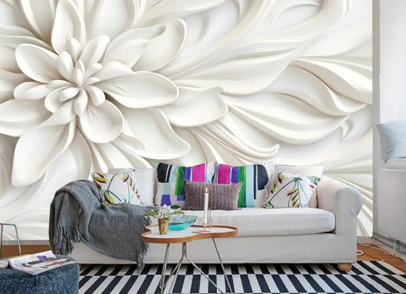 3D White Big Flower Floral Wallpaper