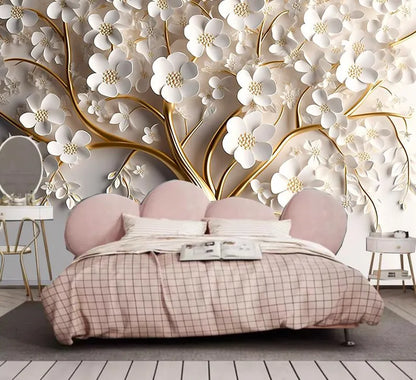Golden Tree With White Flower 3D Wallpaper