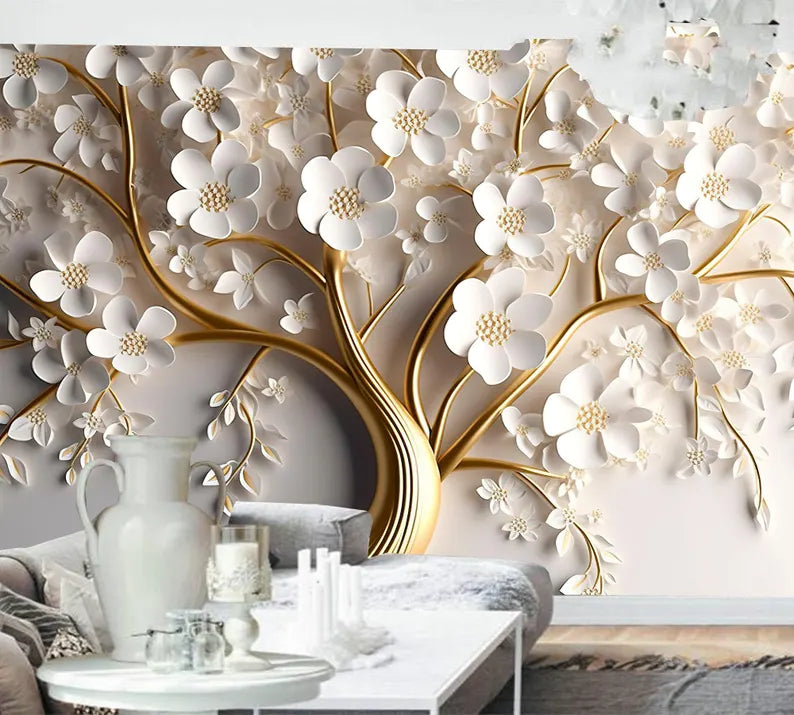Golden Tree With White Flower 3D Wallpaper