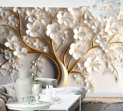 Golden Tree With White Flower 3D Wallpaper
