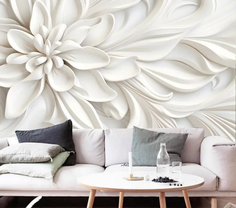 3D White Big Flower Floral Wallpaper