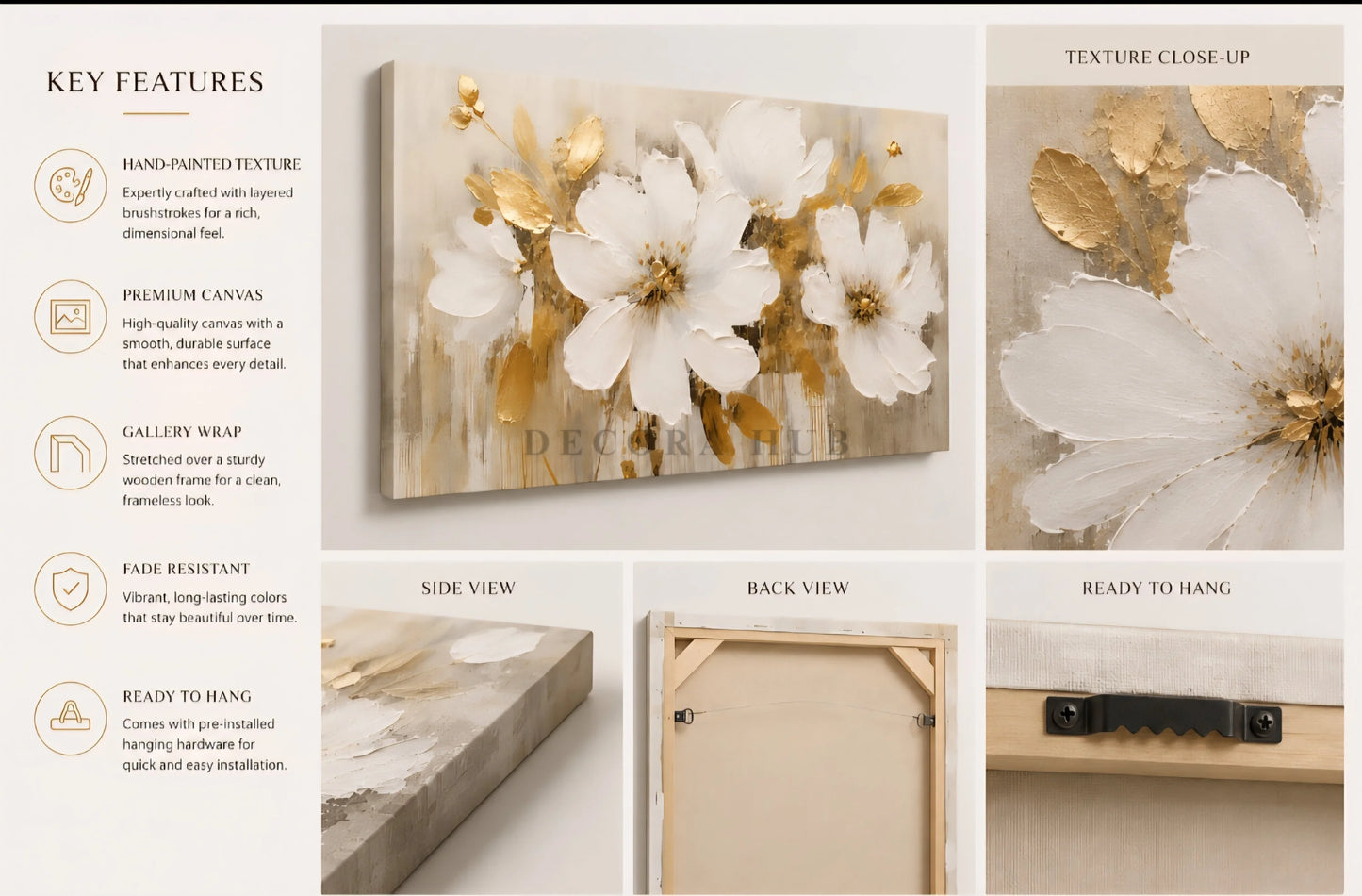Ivory Gold Blossom Harmony Textured Wall Art - Textured Wall Art