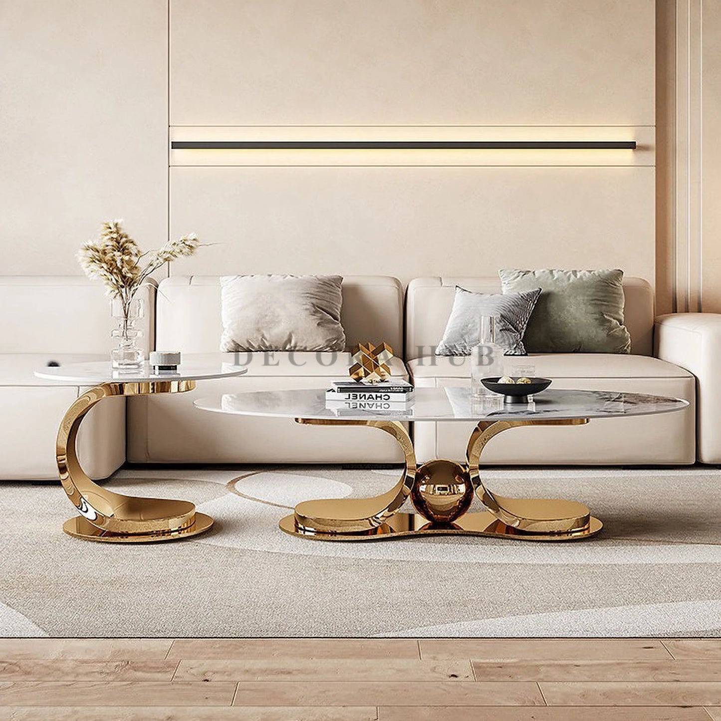 DecoraHub Lavish: A White Marble Top Center Table with Golden SS304 PVD Coated Base for Living Rooms