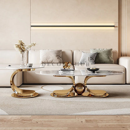 DecoraHub Lavish: A White Marble Top Center Table with Golden SS304 PVD Coated Base for Living Rooms