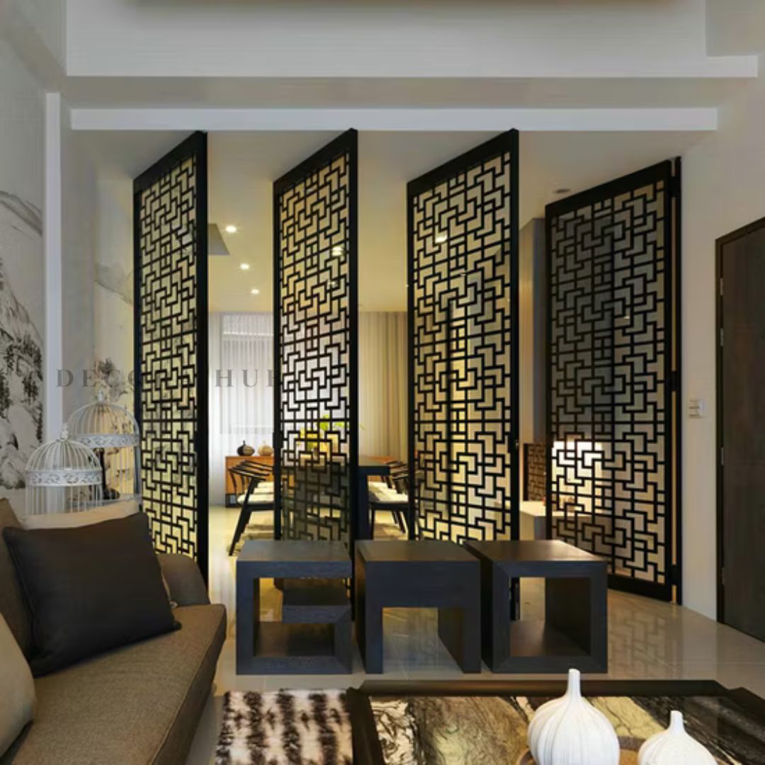 Luxurious Black PVD Partition for Home – black metal partition for living room DecoraHub India