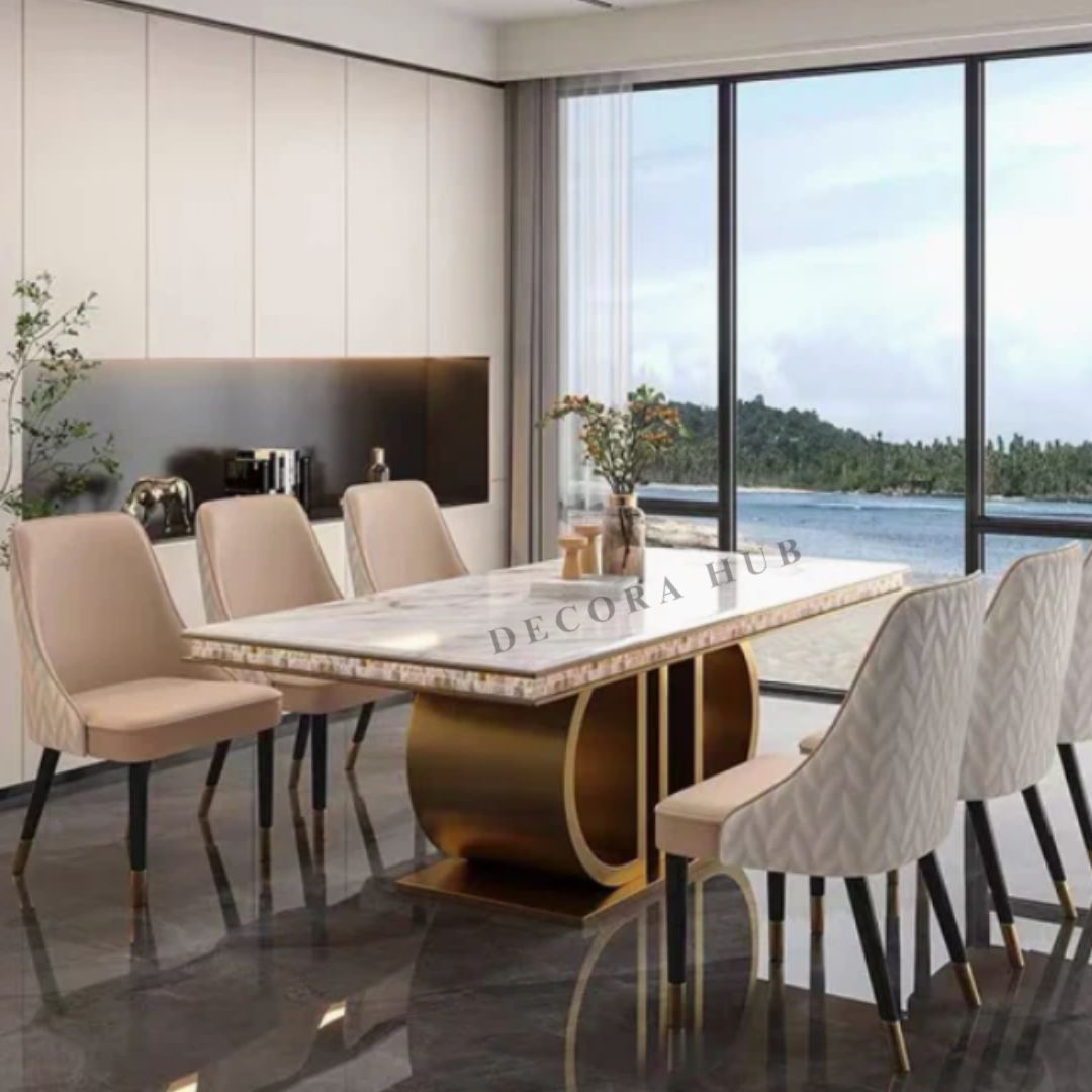 Luxurious Gold Stainless Steel Marble Dining Table – side view